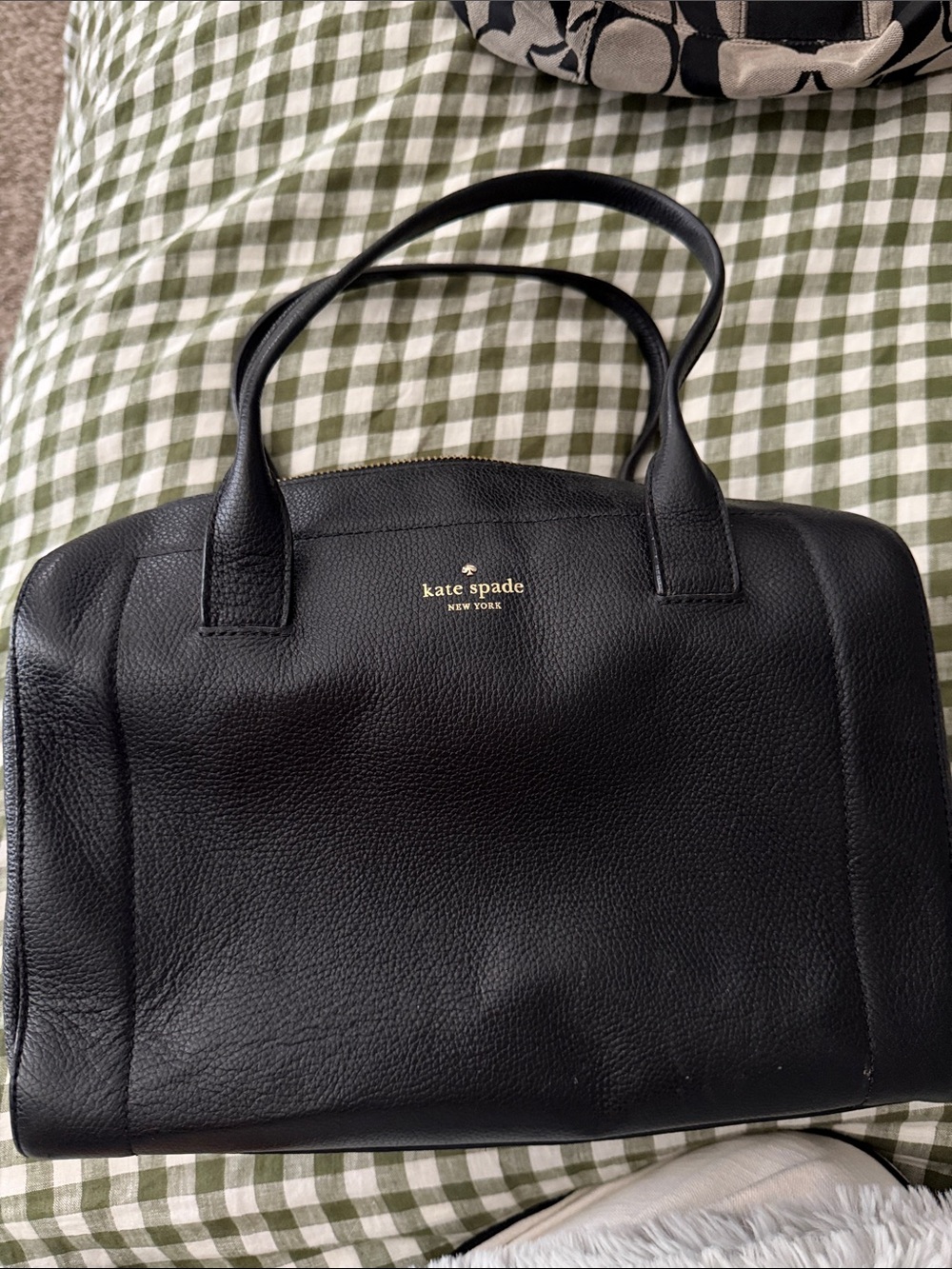 kate spade Black Pebbled Leather Satchel with Gold Logo